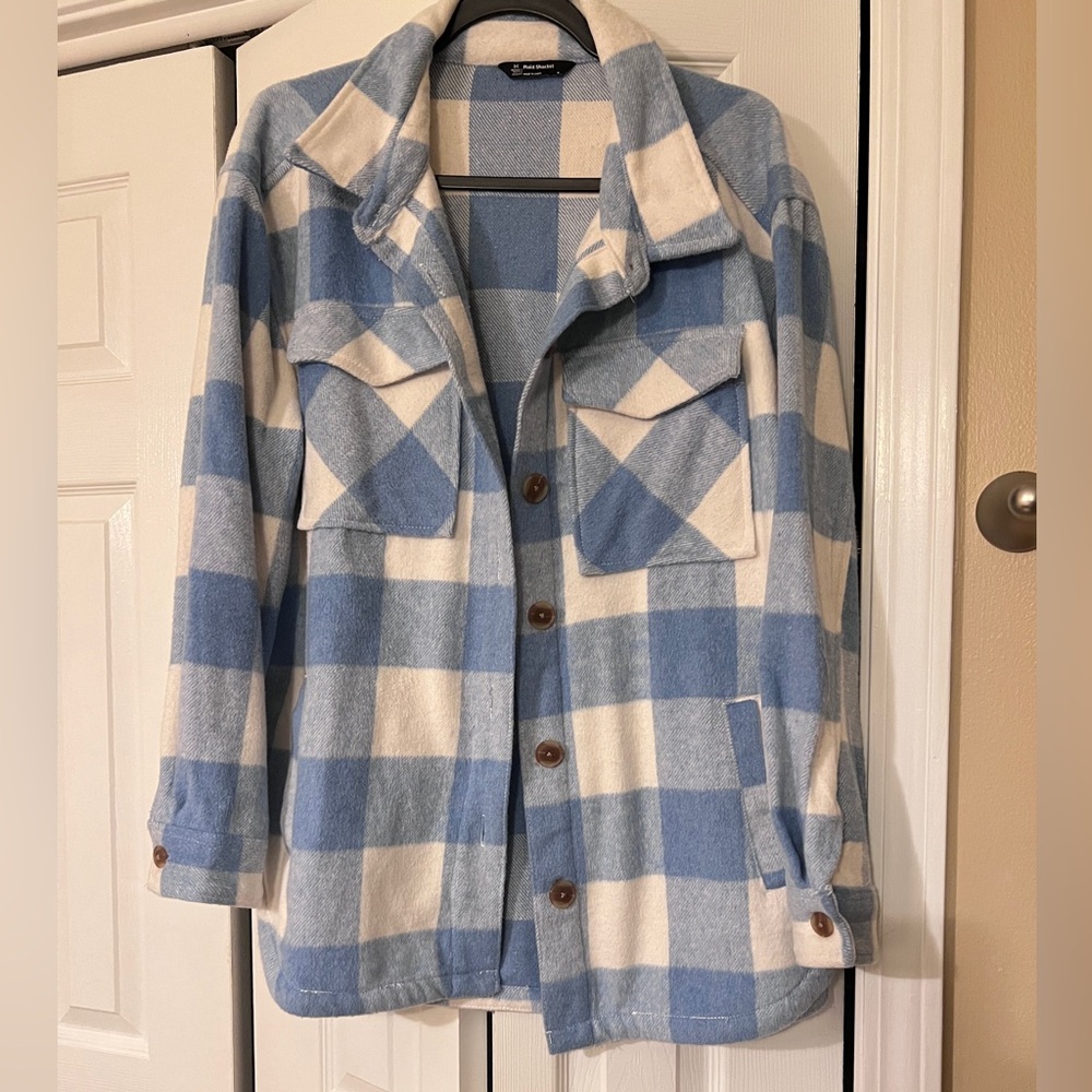 Blue and White Plaid Button-Up Jacket